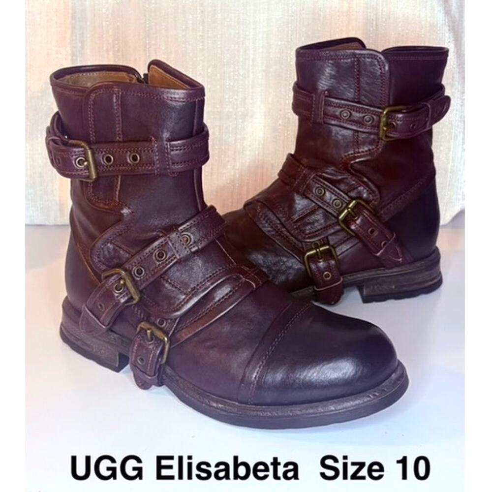 UGG Collection Elisabeta Moto Boots Wine Leather Made in Italy Size 10 Rare